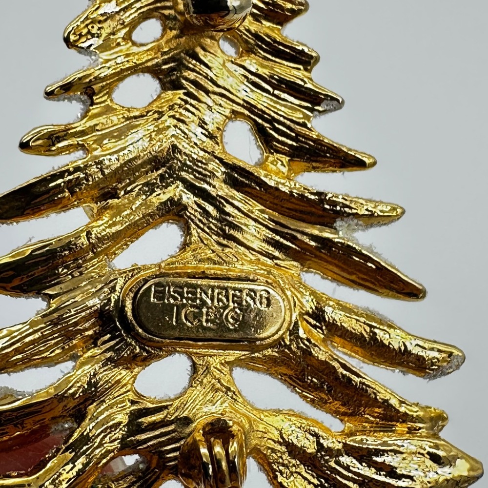 Eisenberg Ice Christmas Tree Brooch White Enamel Rhinestone Gold Tone Small - Picture 2 of 5